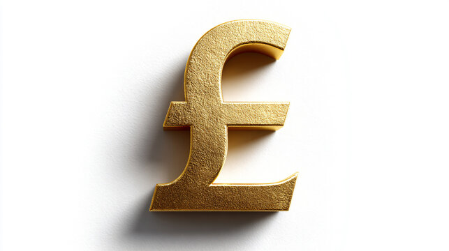 Golden pound sterling symbol with three dimensional texture and metallic sheen on white background