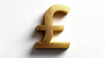 Golden British pound symbol with 3D texture and metallic finish on white background