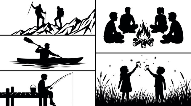 Cattail and grass silhouettes collection on a white background
