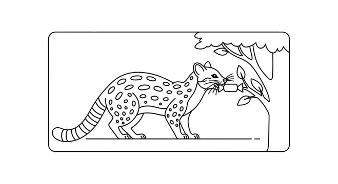 Spotted Genet Eating Fruit from a Tree Branch, Line Art Illustration