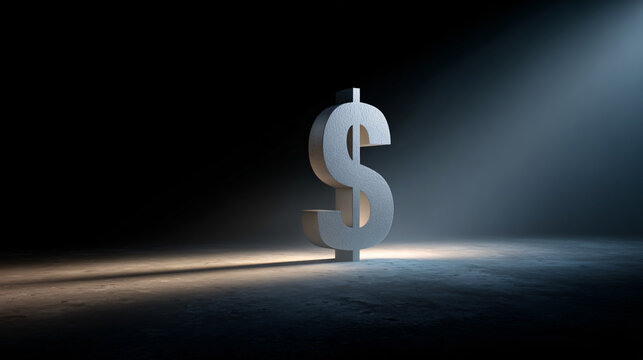Metallic three dimensional dollar sign symbol illuminated by spotlight in dark studio setting