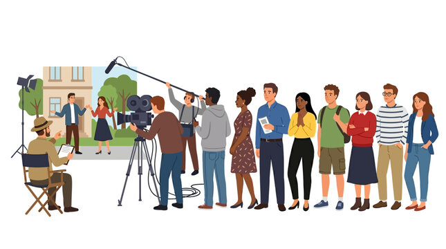 A professional film crew works on a movie production set with a director and diverse group of actors waiting for their turn to perform scenes.