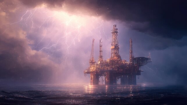 Dramatic Thunderstorm Over Offshore Oil Rig at Dusk with Lightning Illuminating the Cloudy Sky and Reflecting on the Calm Ocean Surface