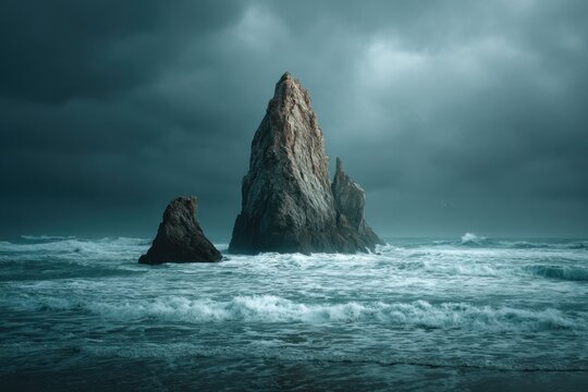 Stormy Sea with Towering Rock Formations