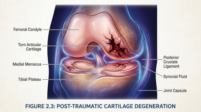 Detailed medical illustration of a damaged human knee joint with torn cartilage anatomy