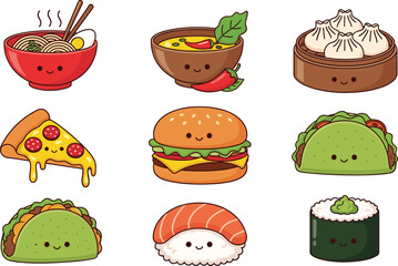 Kawaii international food mascot set featuring ramen, dim sum, sushi, taco, pizza, and burger in a cute flat cartoon style for restaurant menus and stickers. © MdJillur