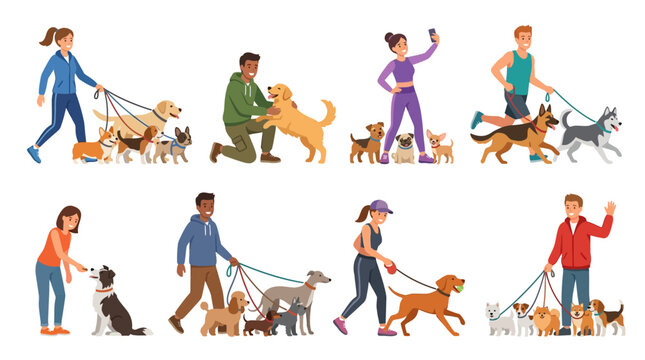 Diverse group of men and women walking and training many different breeds of happy dogs while enjoying their daily outdoor exercise in a friendly manner.