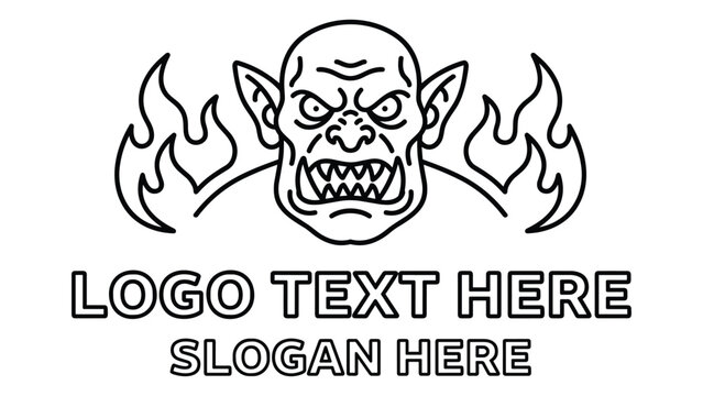 Orc head with flames, logo text and slogan, black and white line art vector illustration.