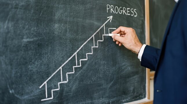 Hand drawing a chalk staircase graph with the word progress on a blackboard image