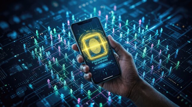 Hand holding smartphone displaying fingerprint scan access granted with digital people network