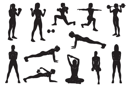 Collection of fitness exercises with weights and body movements silhouettes