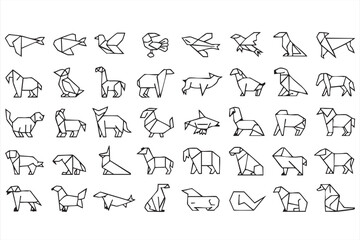 Obraz premium Black line geometric animal symbols featuring folded paper birds, dogs, cats, foxes, and wildlife
