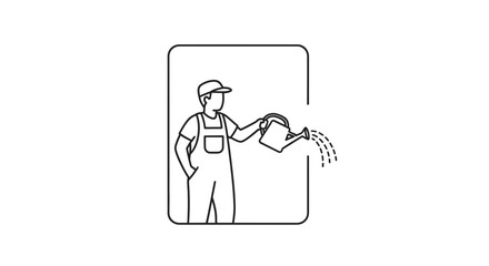 Fototapeta premium Gardener watering plants with watering can, line art illustration
