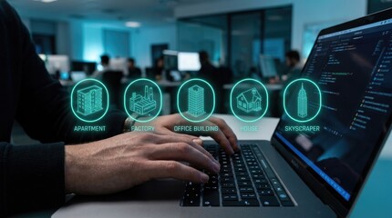Fototapeta premium Hands typing on laptop with holographic building icons apartment factory office skyscraper