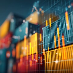Obraz premium Stacked colorful cargo containers overlaid with digital financial charts symbolizing global trade, logistics analysis, and shipping market trends in technology-drive