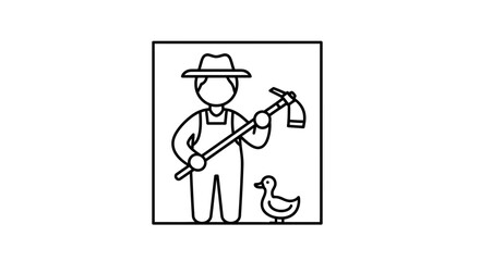 Naklejka premium Farmer with Hoe and Duck Icon, Rural Agriculture Symbol, Farm Life Vector Illustration