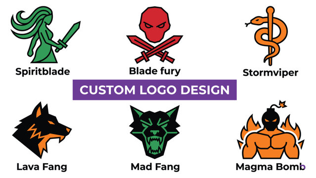 Custom logo design set featuring aggressive characters and mythical creatures for branding.