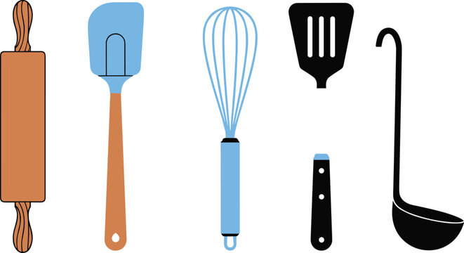 Kitchen utensils set including rolling pin, spatula, whisk, turner and ladle, essential cooking tools collection isolated on white background vector illustration