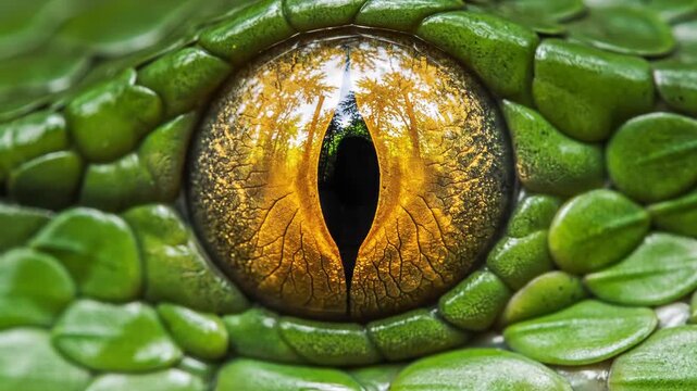 Macro close-up of a green tree python eye with a vertical slit pupil and golden iris reflecting a forest landscape, surrounded by detailed emerald green reptilian scales.