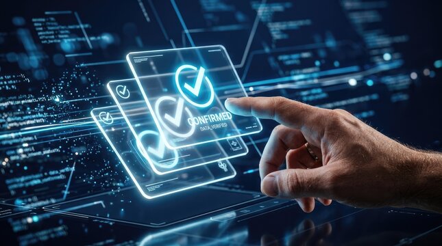 Human hand touching glowing confirmed data verified checkmark interface finger digital