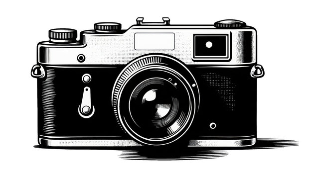 Frontal Composition of a Detailed Retro Camera Rendered in a High Contrast Black and White Illustrative Style. This Classic Photographic Gear Icon Represents Timeless Vintage Photography.