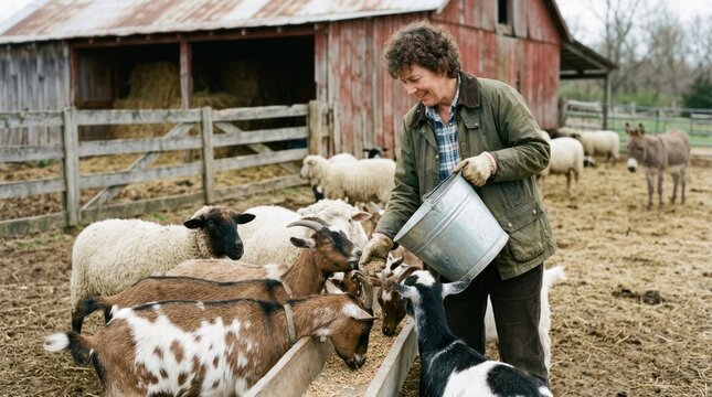 A man feeding goats in a barnyard with a red barn in the background.