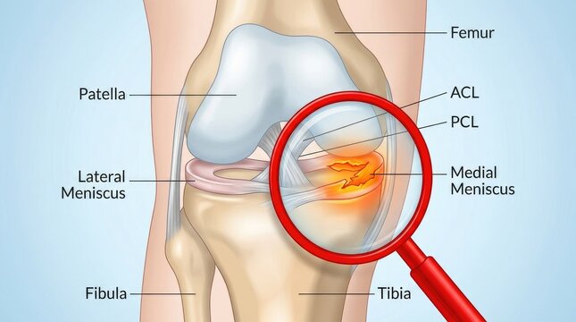 Medical illustration of a torn knee meniscus viewed through a magnifying glass joint