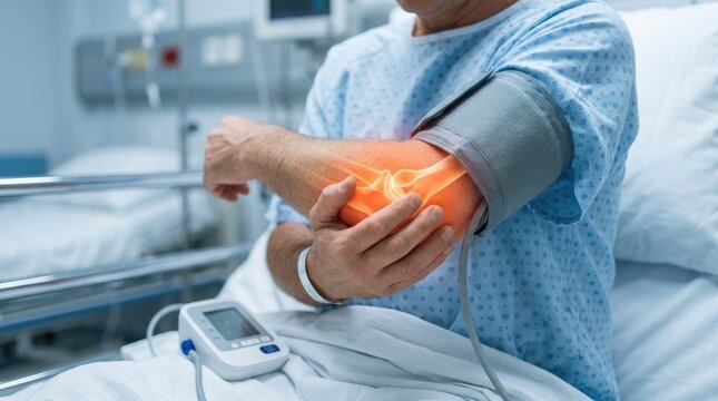 Patient with glowing elbow pain in hospital bed with blood pressure monitor image