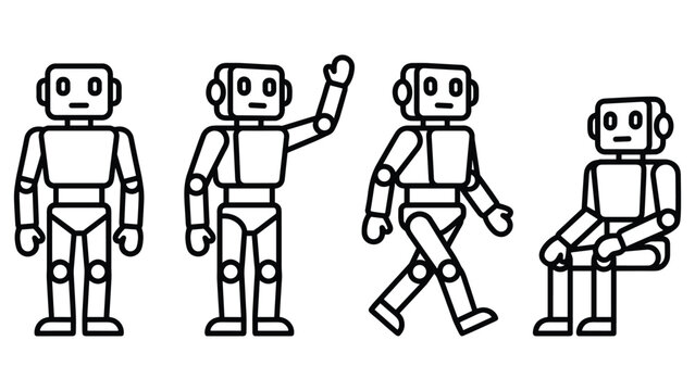 Outline vector set of simple robot characters performing various human like daily actions.