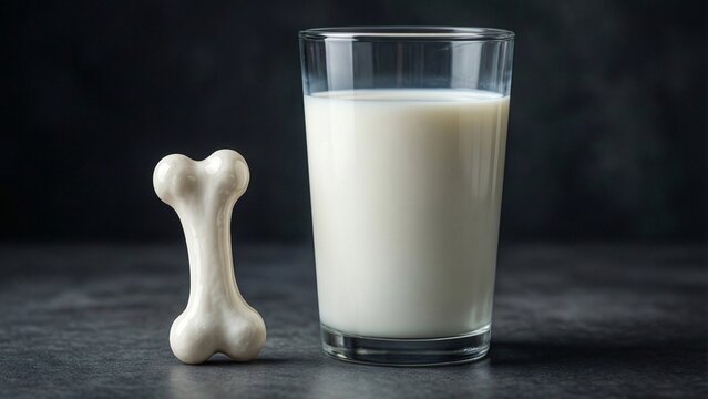 Bone model next to glass of milk on dark background isolated