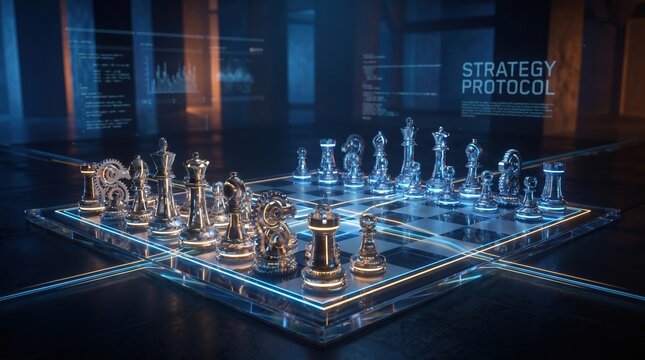 Futuristic Digital Chessboard with Holographic HUD Interface and AI Strategy Protocol