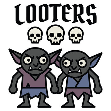 Angry goblin looters illustration with three human skulls above for fantasy game design.