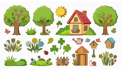 Illustration of a Cozy Eco-Friendly Home with Trees, Grass, Garden Elements, and Nature Features © AlviAhmed