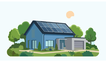 Naklejka premium Illustration of a Modern Eco-Friendly House with Solar Panels Surrounded by Greenery and Sunlights