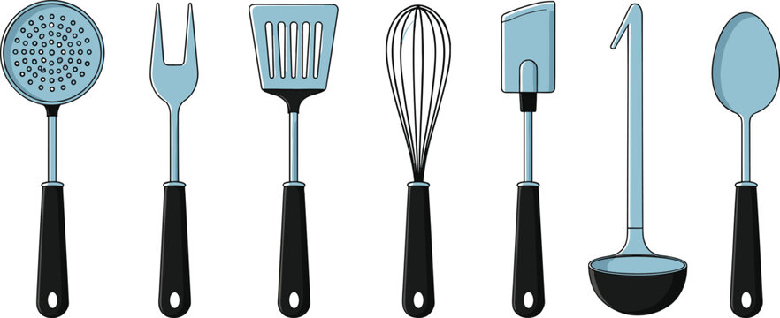 Modern kitchen utensils set with skimmer, fork, spatula, whisk, turner and ladle, stainless steel cooking tools collection isolated on white background vector illustration