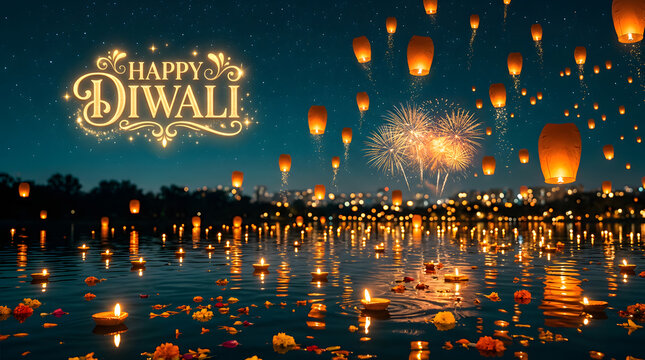 Magical Diwali night with thousands of glowing sky lanterns flying over a river and ancient Indian temple architecture