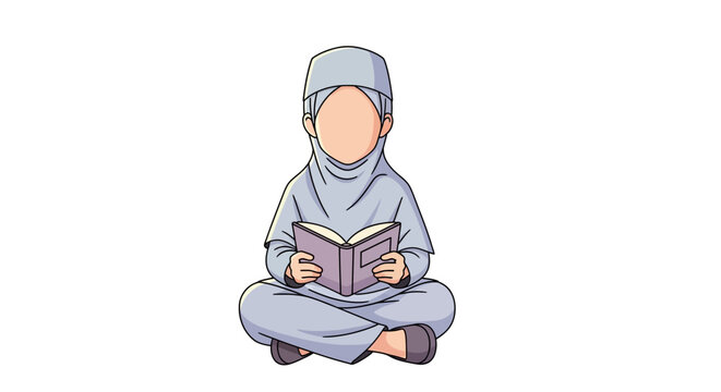 Muslim Boy Reading Quran Cartoon Vector Illustration, Faceless Islamic Student Character Sitting and Studying Holy Book for Education and Religion