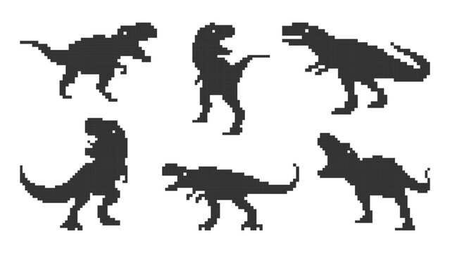 Set of pixel art Tyrannosaurus Rex silhouettes in various poses. Retro 8-bit dinosaur graphics for games, stickers, and prehistoric themed designs. Vector illustration.