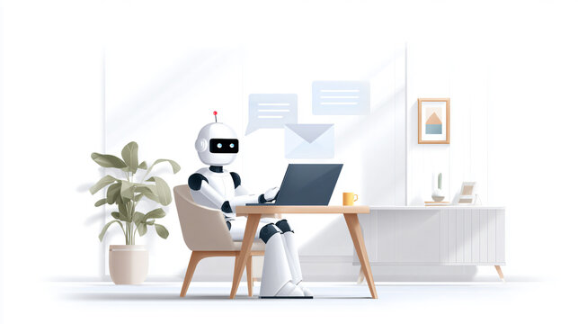 White robot sitting at a modern office desk using a laptop computer