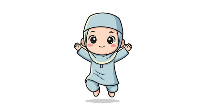 Cute Cartoon Muslim Boy Jumping with Joy - Happy Islamic Child Character Illustration Isolated on White Background