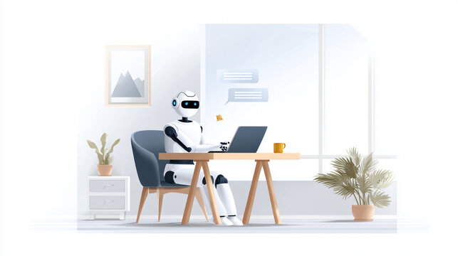 White robot sitting at a modern office desk using a laptop computer in a bright indoor setting
