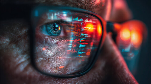 Person wearing glasses staring intently at computer code and data reflected on the lenses with glowing red and blue light in a dark environment
