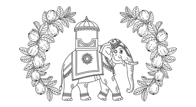 Decorated Elephant with Ornate Howdah, Framed by Fruit Garland, Black and White Line Art