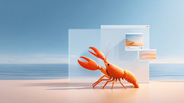 AI agent lobster using a laptop computer to analyze data with floating charts and graphs
