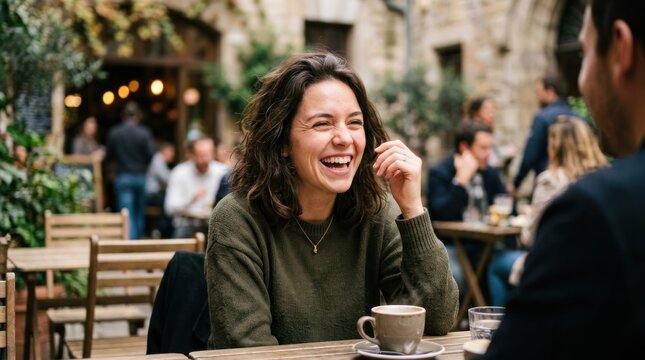 A woman laughing at a table in an outdoor cafe.