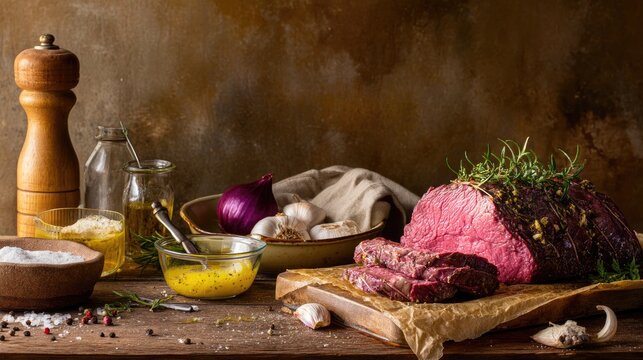 Freshly Cut Beef Roast with Herbs, Spices, Garlic, Onion, and Olive Oil on Wooden Table Surrounded by Raw Ingredients for Gourmet Cooking
