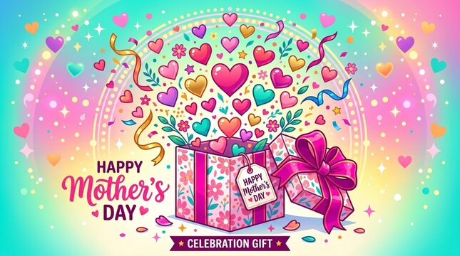 Vibrant mothers day gift box with hearts and flowers exploding