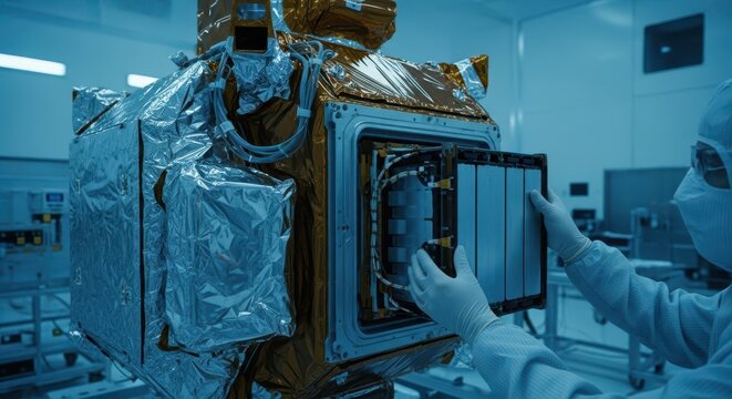 Specialized technician installs a component into a satellite inside a cleanroom facility.