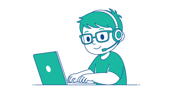 Boy wearing glasses and headset using laptop.