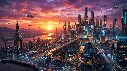 Obraz premium Futuristic cityscape at sunset with flying vehicles and glowing architecture science fiction sci fi high tech futuristic cityscape architecture skyscrapers buildings technology vehicles